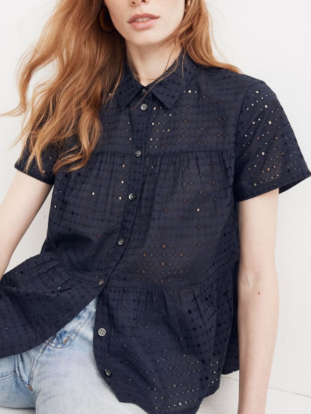 Madewell Eyelet Seamed Button-Down Shirt Navy Blue M